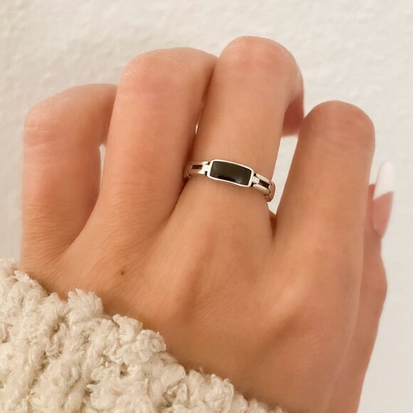 925 Sterling Silver Dainty Bar Ring Black Bar Ring Link Ring Minimalist Ring - Picture 2 of 9